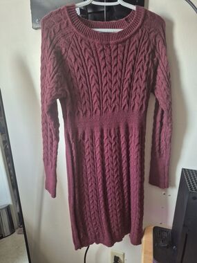 SHEIN Burgundy Cable-Knit Long Sleeve Sweater Dress